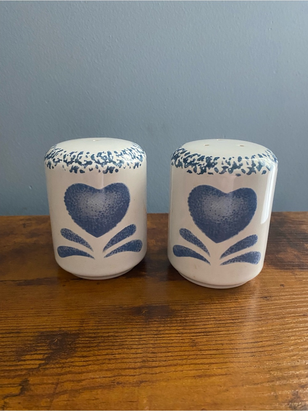 Vintage blue hearts stoneware salt & pepper shakers